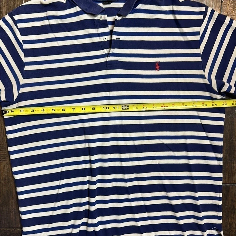 Vintage 90’s Men’s Ralph Lauren Navy Striped Polo Short Sleeve Shirt Size L